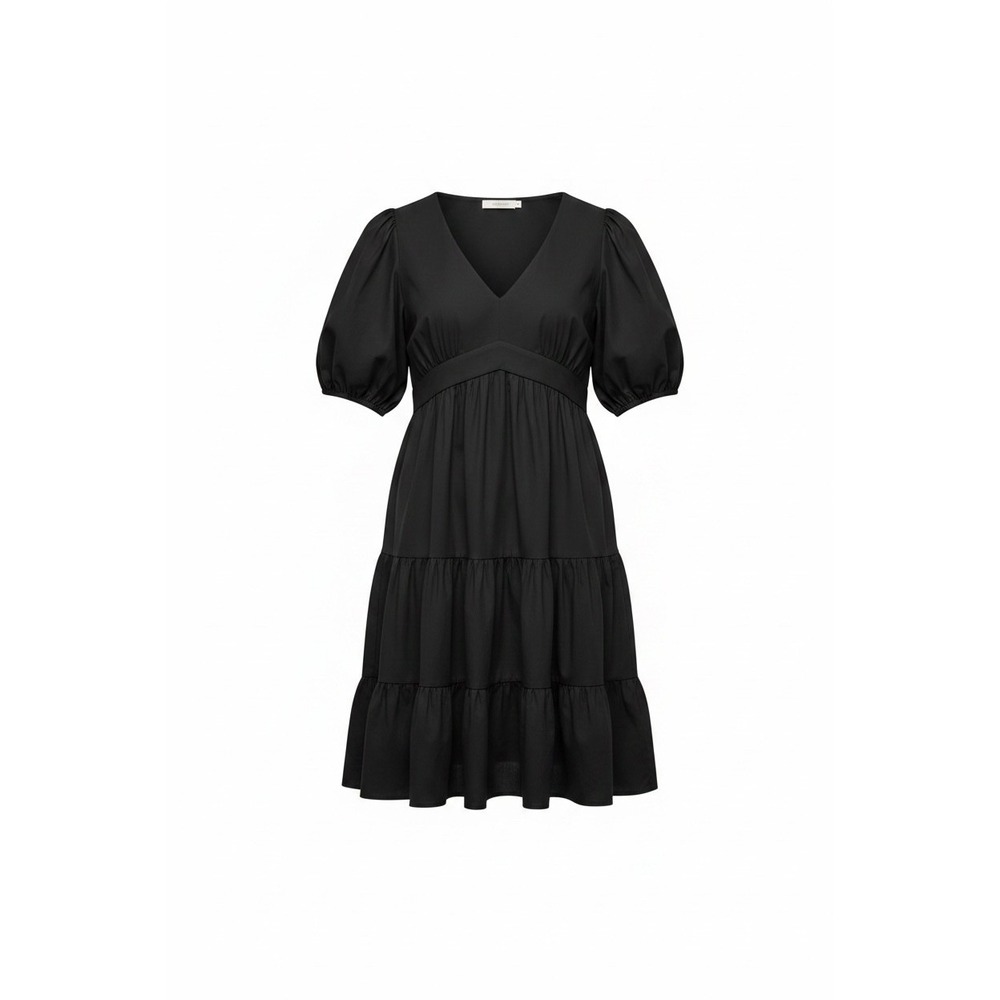 Boden Tiered Midi Dress Women US 16/18R Black Puff Sleeve Cotton V-Neck